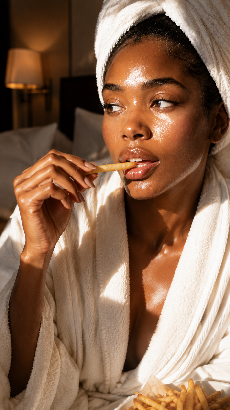 Woman in a bathrobe holding the SLURP Glass Skin Serum, skin hydrated and glowing